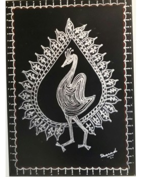 silver peackock Warli art (Canvas) with frame (8"X12")